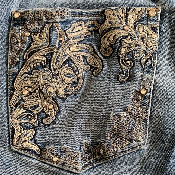 White House Black Market Blue Flare Jeans with Embellished Pockets - Picture 7 of 13